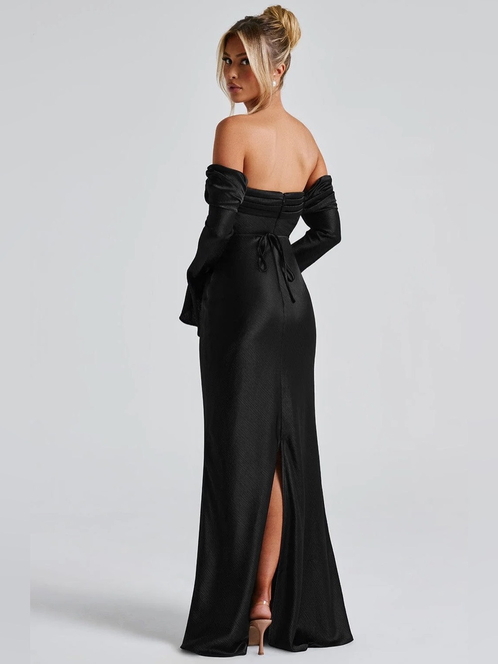 Off-Shoulder Black Satin Evening Gown,black dress